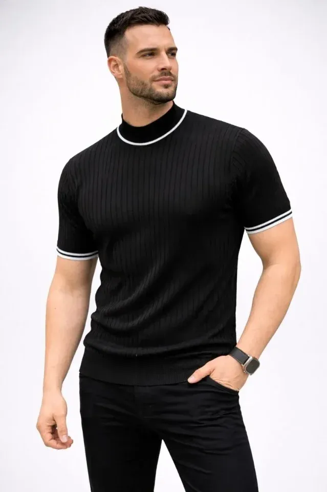 Erkek Fitilli Triko Dokuma Kısa Kol Tişört Yarım Boğaz Modern Yazlık T-Shirt - Siyah