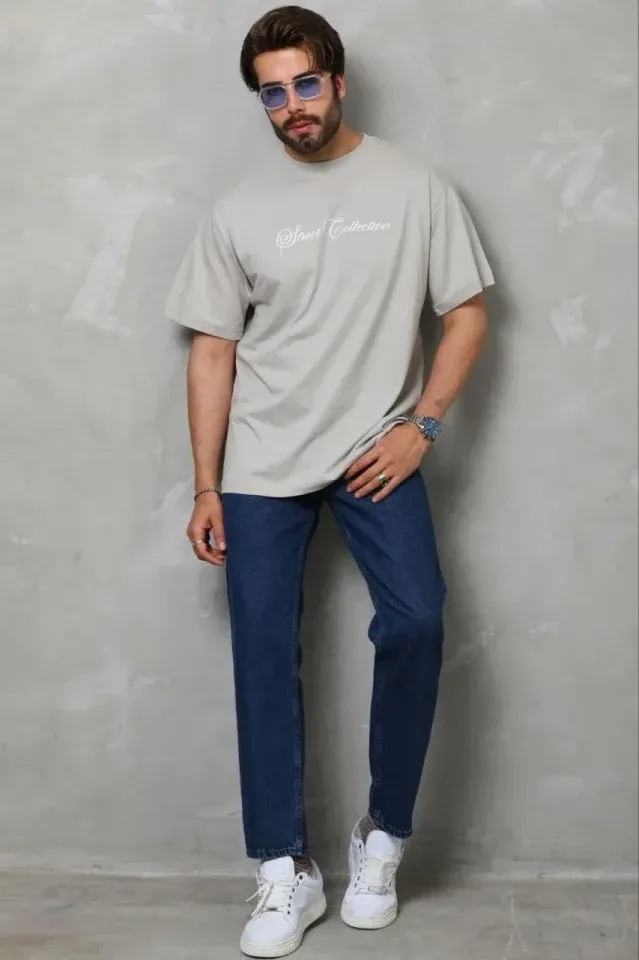 Erkek Baskılı T-Shirt Kısa Kol Bisiklet Yaka Regular Fit Rahat Kalıp Günlük Tişört - Gri