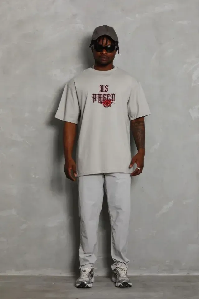 Erkek Baskılı T-Shirt Kısa Kol Bisiklet Yaka Regular Fit Rahat Kalıp Günlük Tişört - Gri