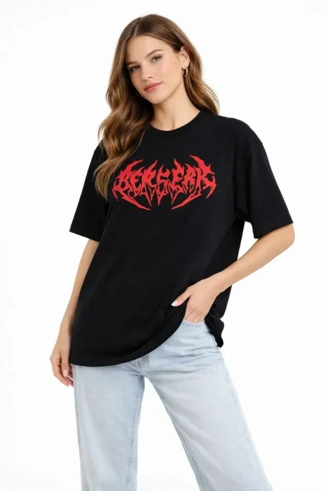 Baskılı T-Shirt Yazlık Kısa Kol Bisiklet Yaka Rahat Kalıp Tişört - Siyah