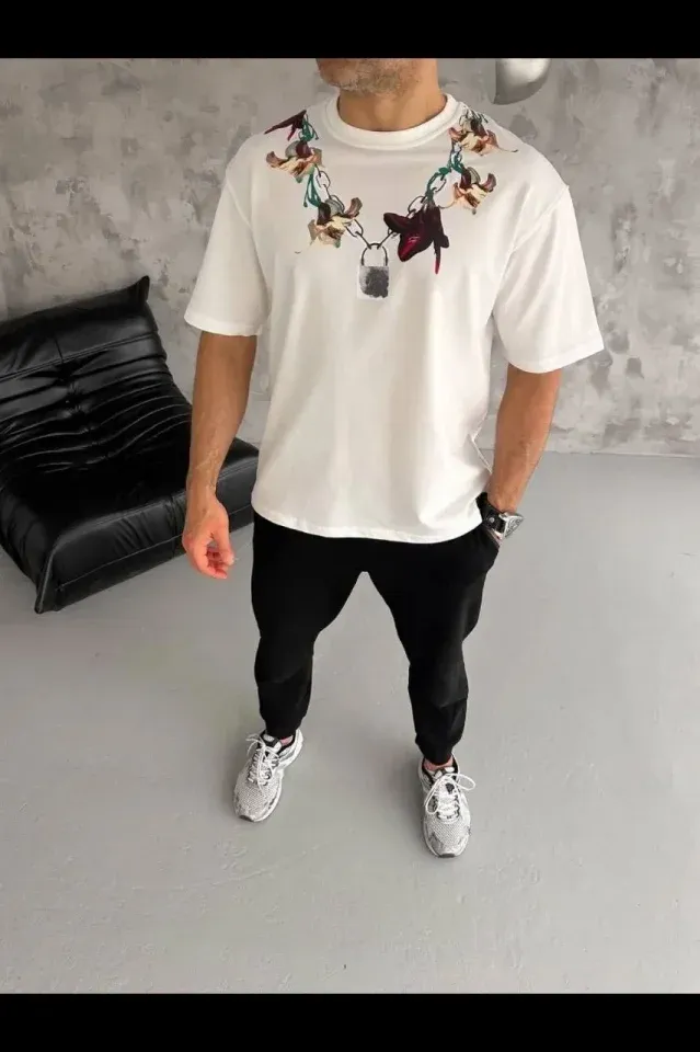 Erkek Baskılı T-Shirt Kısa Kol Bisiklet Yaka Regular Fit Rahat Kalıp Günlük Tişört - Beyaz