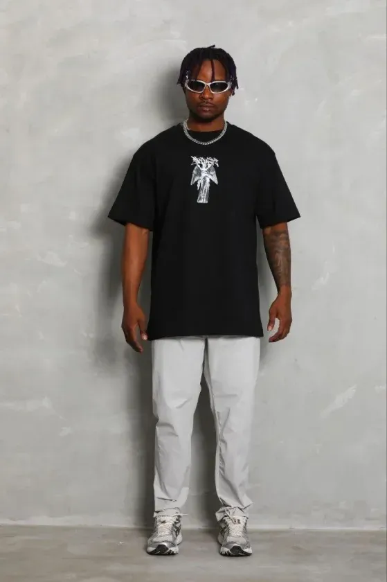 Erkek Baskılı T-Shirt Kısa Kol Bisiklet Yaka Regular Fit Rahat Kalıp Günlük Tişört - Siyah