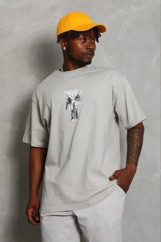 Erkek Baskılı T-Shirt Kısa Kol Bisiklet Yaka Regular Fit Rahat Kalıp Günlük Tişört - Gri