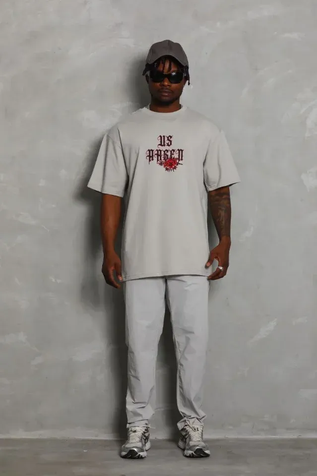 ERKEK Oversize Baskılı Bisiklet Yaka T-Shirt - Gri