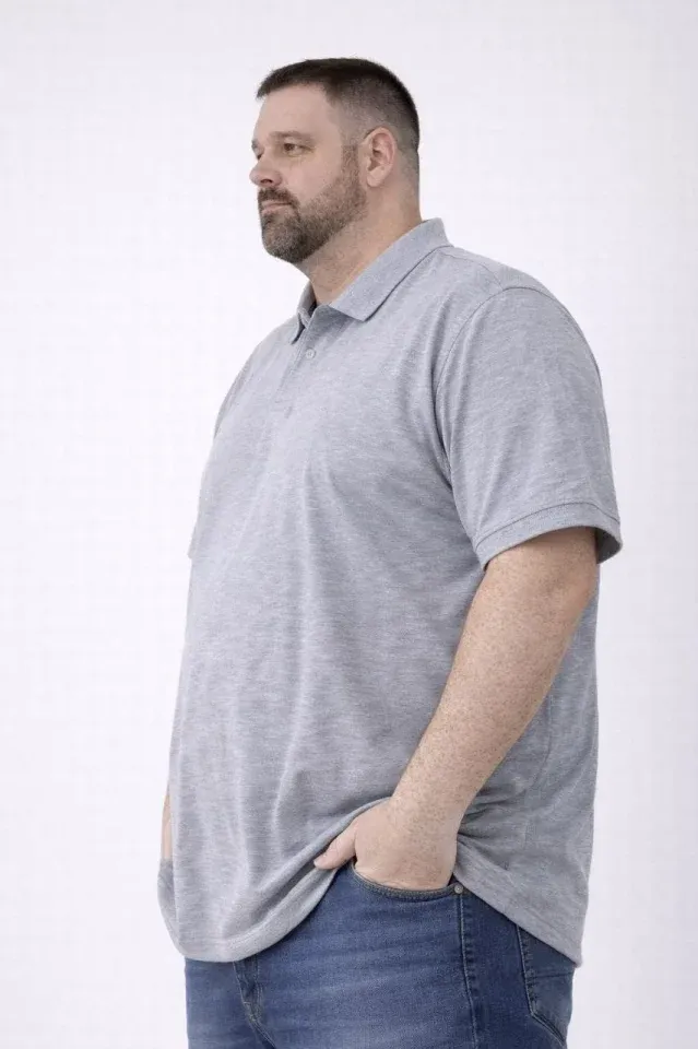 Erkek Pike Kumaş Düğmeli Yaka Battal Büyük Beden Günlük Kısa Kol Tişört T-shirt - Gri