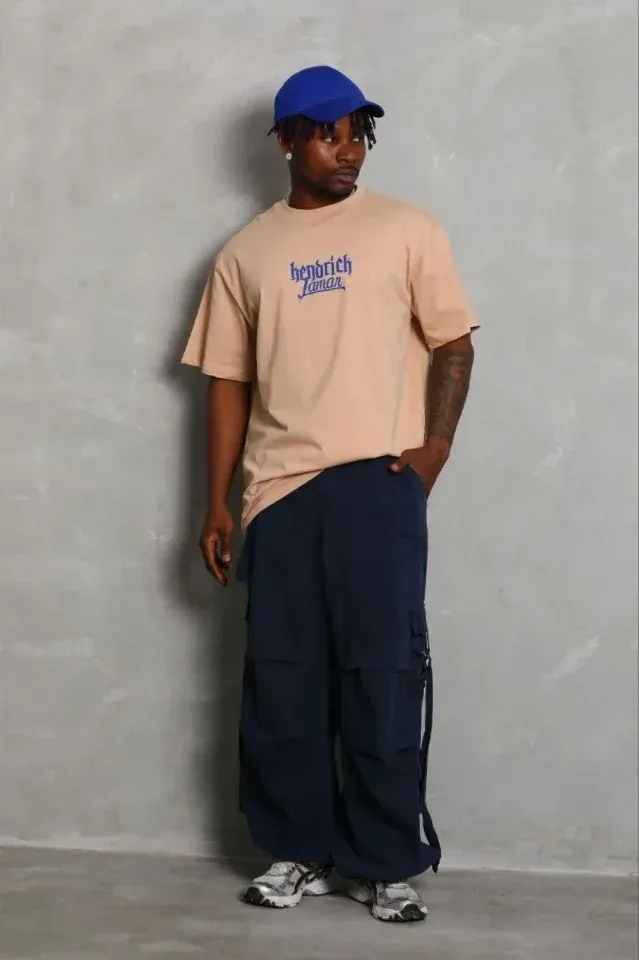 Erkek Baskılı T-Shirt Kısa Kol Bisiklet Yaka Regular Fit Rahat Kalıp Günlük Tişört - Bej