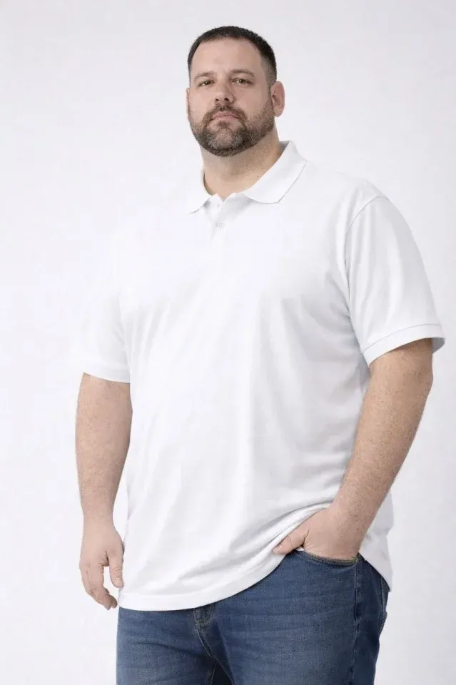 Erkek Pike Kumaş Düğmeli Yaka Battal Büyük Beden Günlük Kısa Kol Tişört T-shirt - Beyaz