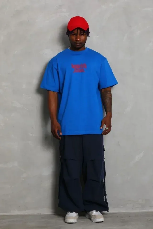 Erkek Baskılı T-Shirt Kısa Kol Bisiklet Yaka Regular Fit Rahat Kalıp Günlük Tişört - Saks Mavisi