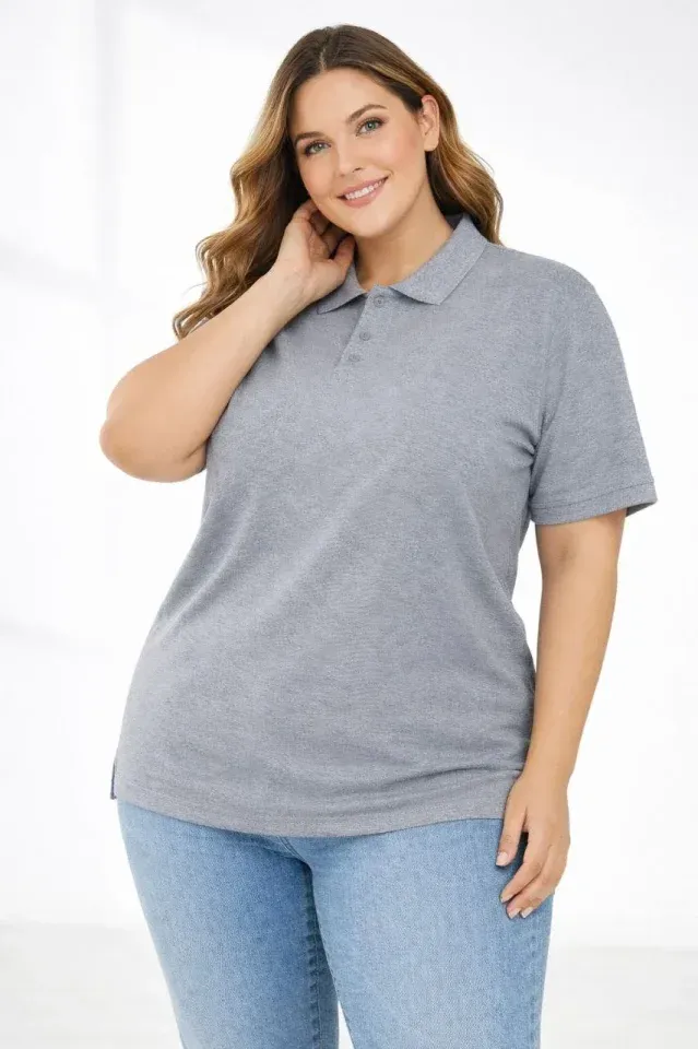 Pike Kumaş Düğmeli Yaka Battal Büyük Beden Günlük Kısa Kol Tişört T-shirt - Gri