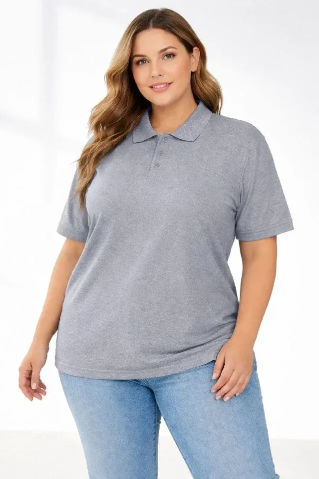 Pike Kumaş Düğmeli Yaka Battal Büyük Beden Günlük Kısa Kol Tişört T-shirt - Gri