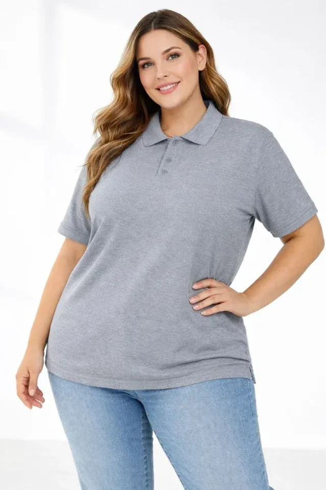 Pike Kumaş Düğmeli Yaka Battal Büyük Beden Günlük Kısa Kol Tişört T-shirt - Gri