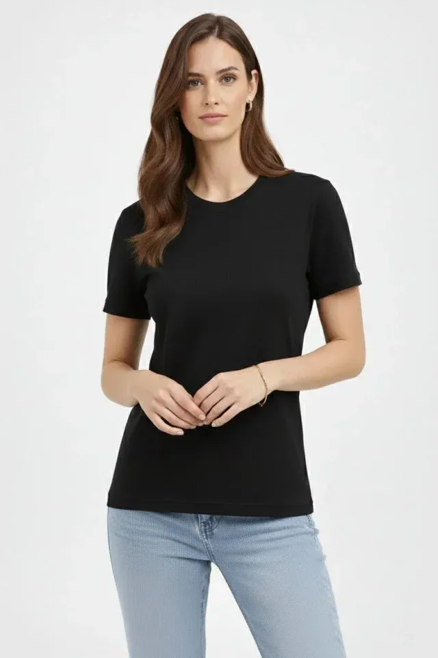 Bisiklet Yaka Tişört Regular Kalıp Basic Pamuklu Günlük Kullanım T-shirt - Siyah