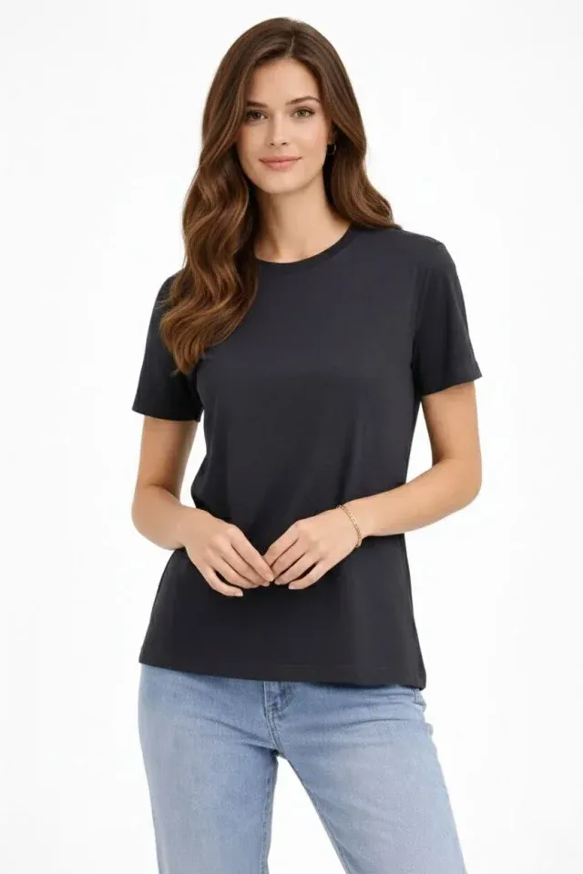 Bisiklet Yaka Tişört Regular Kalıp Basic Pamuklu Günlük Kullanım T-shirt - Füme