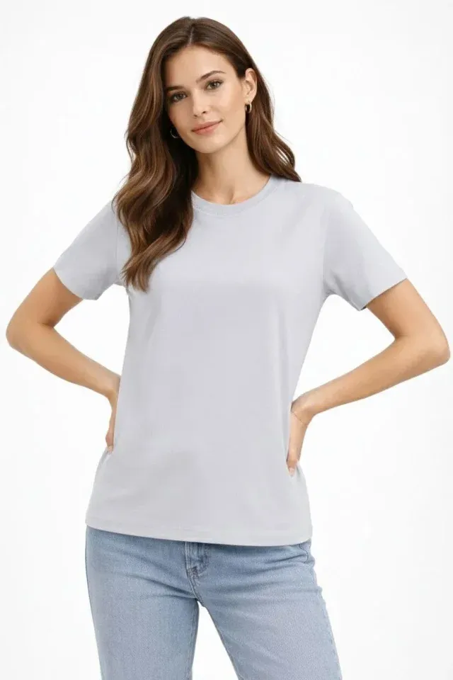 Bisiklet Yaka Tişört  Regular Kalıp Basic Pamuklu  Günlük Kullanım  T-shirt - Gri