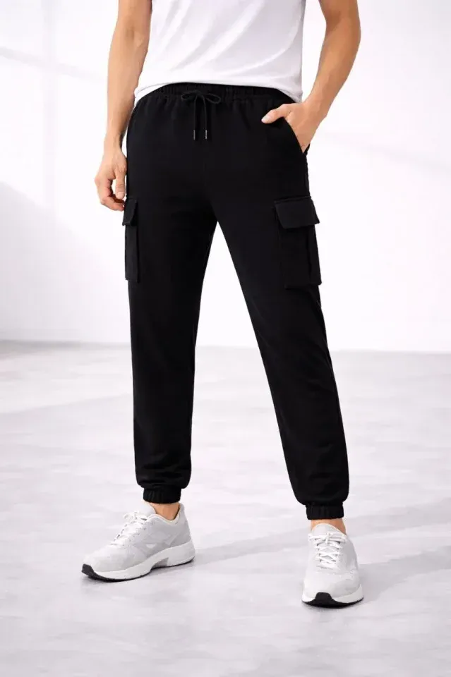 Erkek Jogger Eşofman Altı Regular Fit , Kargo Cepli, Lastikli Paça, Günlük Spor Pantolon - Siyah