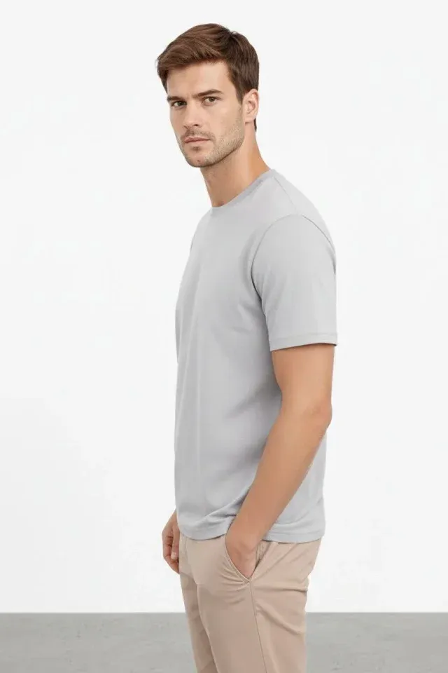 Erkek Bisiklet Yaka Tişört Regular Kalıp Basic Pamuklu Günlük Kullanım T-shirt - Gri