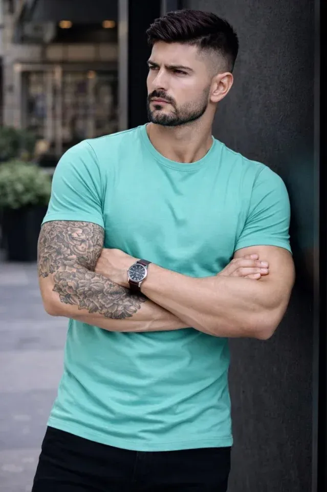 Erkek T-Shirt Bisiklet Yaka Slim Fit Dar Kesim Likralı Tişört Günlük Basic Body - Turkuvaz