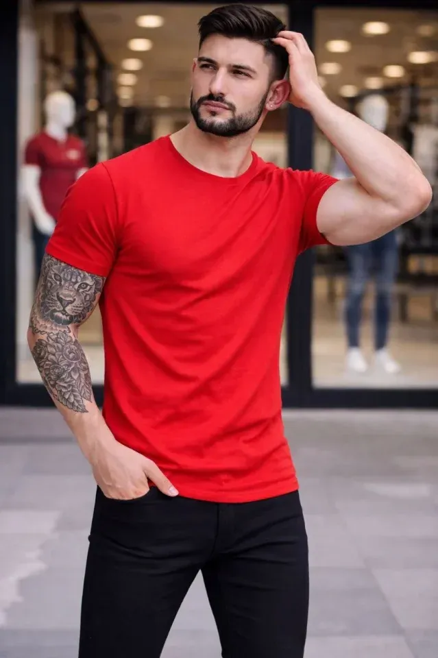 Erkek T-Shirt Bisiklet Yaka Slim Fit Dar Kesim Likralı Tişört Günlük Basic Body - Kırmızı