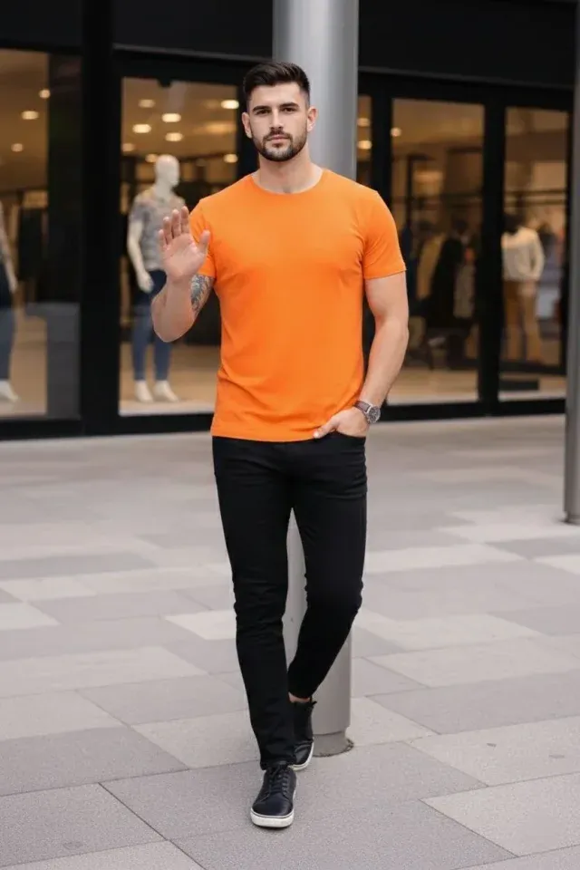 Erkek T-Shirt Bisiklet Yaka Slim Fit Dar Kesim Likralı Tişört Günlük Basic Body - Turuncu