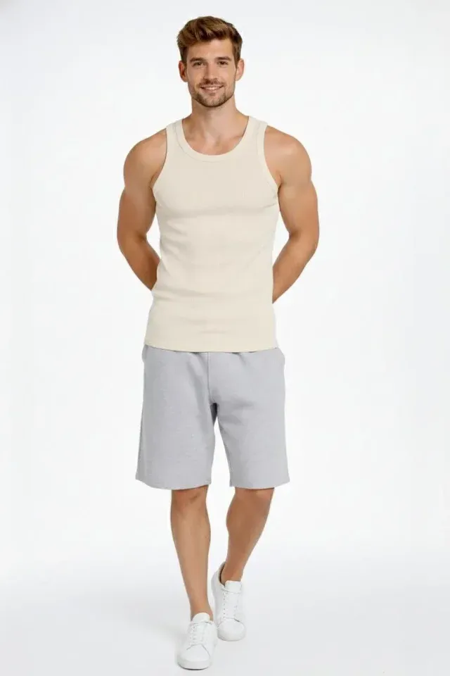 Erkek Fitilli Atlet Sıfır Yaka Slim Fit Arka Baskılı Spor Atlet - Krem