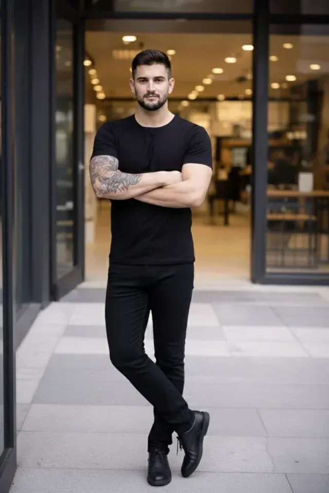 Erkek T-Shirt Bisiklet Yaka Slim Fit Dar Kesim Likralı Tişört Günlük Basic Body - Siyah