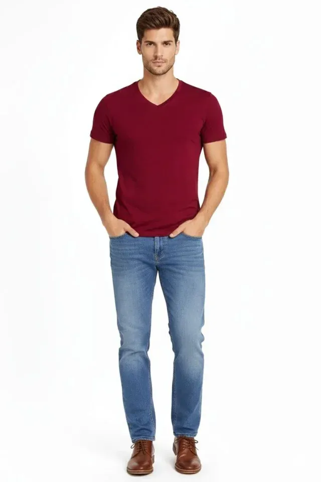 Erkek T-Shirt V Yaka Slim Fit Dar Kesim Likralı Tişört Günlük Basic Body - Bordo