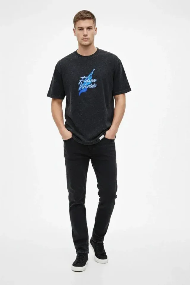 Erkek Asit Yıkamalı Oversize Tişört Future Worlds Baskılı Bisiklet Yaka Kısa Kollu Streetwear %100 Pamuk Street Style T-Shirt - Siyah