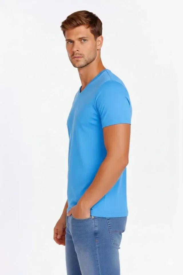 Erkek T-Shirt V Yaka Slim Fit Dar Kesim Likralı Tişört Günlük Basic Body - Açık Mavi