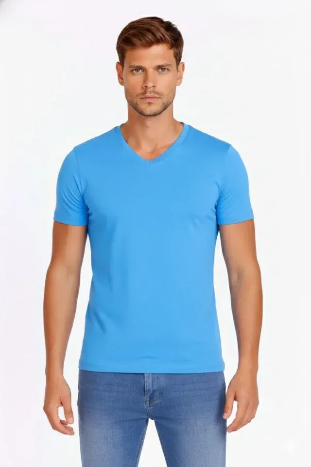 Erkek T-Shirt V Yaka Slim Fit Dar Kesim Likralı Tişört Günlük Basic Body - Açık Mavi