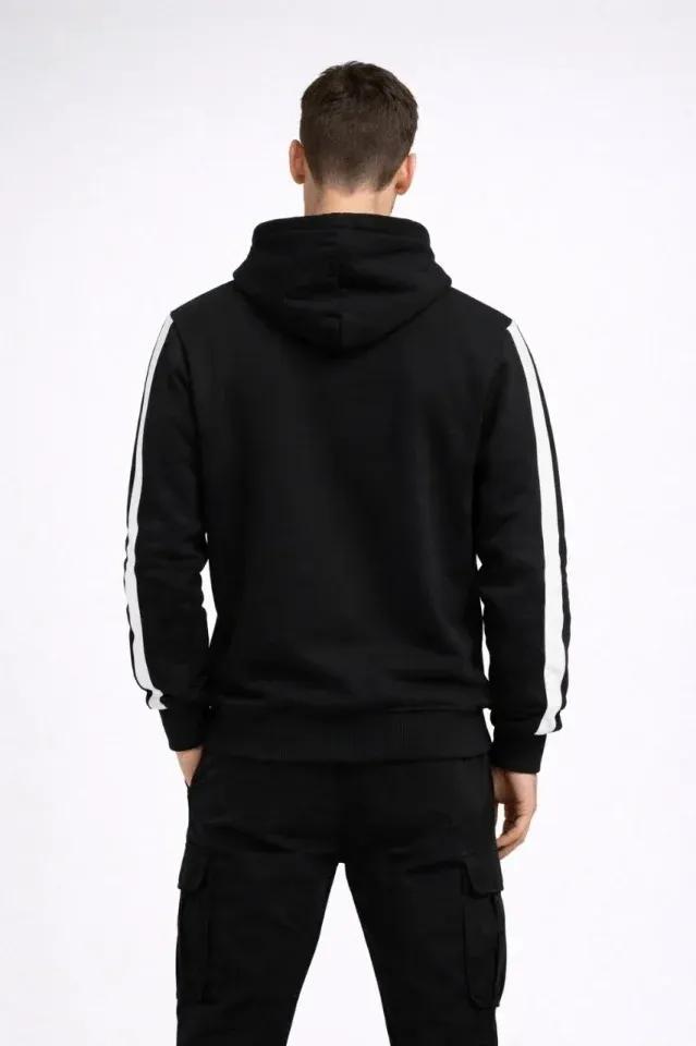Erkek Şeritli Kapüşonlu Sweatshirt Oversize 3 Iplik Pamuklu - Siyah