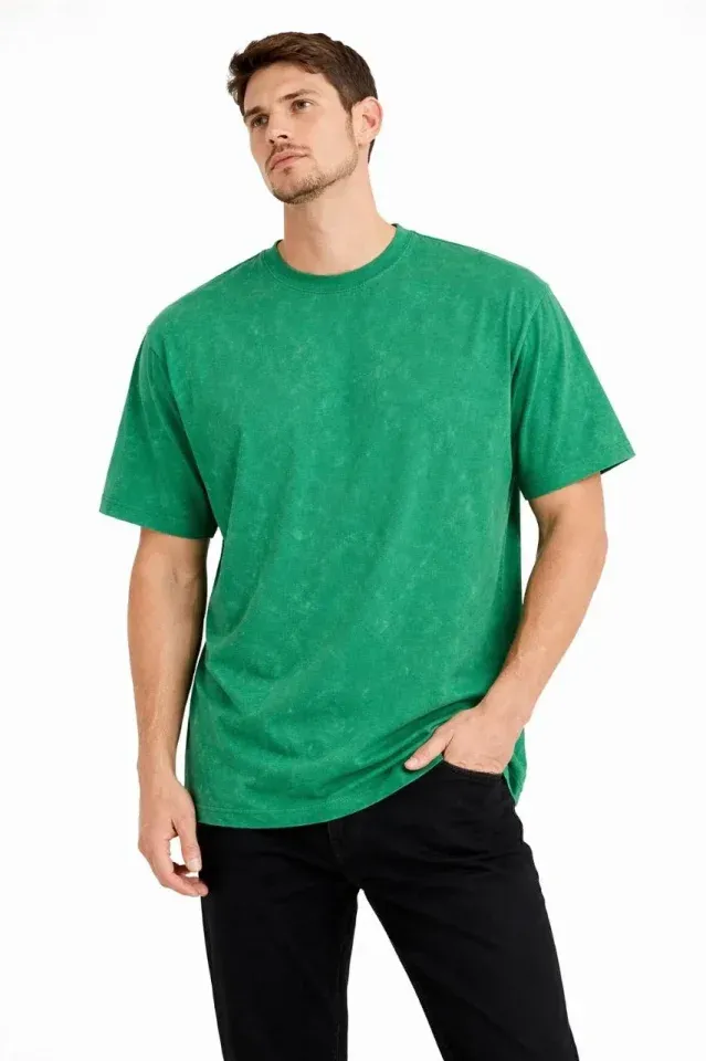 Erkek Asit Yıkama Bisiklet Yaka Kısa Kollu Oversize T-Shirt Tişört - Yeşil