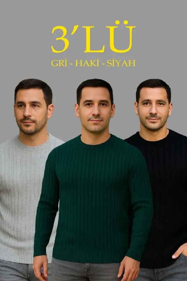Erkek Fitilli Triko Kazak 3lü Set Gri Haki Siyah Regular Fit Bisiklet Yaka Triko Seti Modeli Kazak