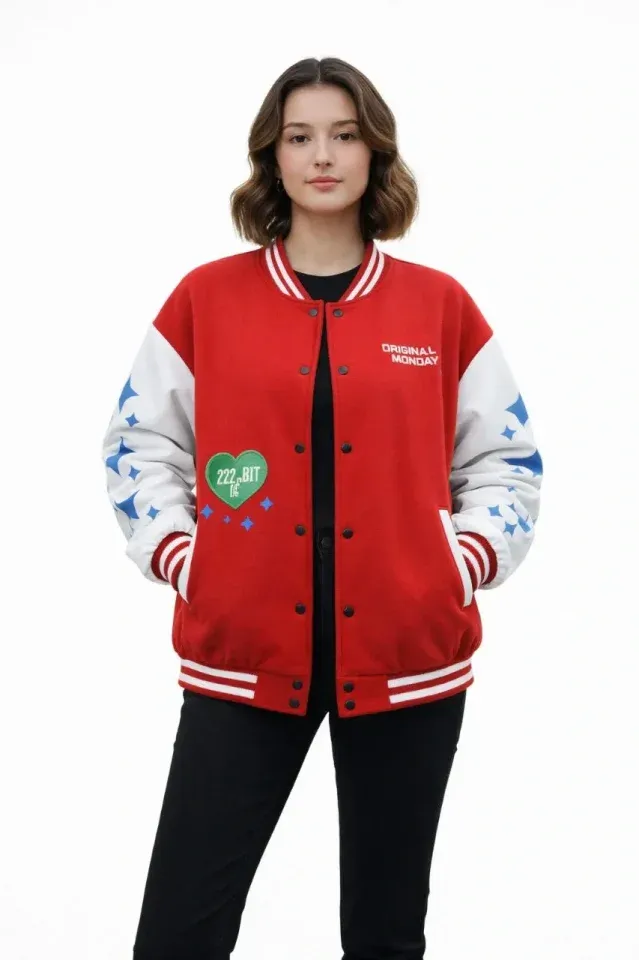 Kırmızı Varsity Çıtçıtlı Baskılı Oversize Kalıp Kolej Ceket - Kırmızı
