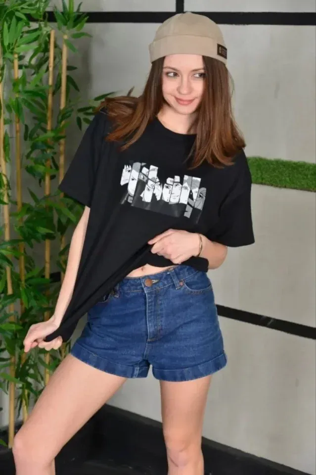 Unisex Bisiklet Yaka Baskılı Oversize T-Shirt - Siyah