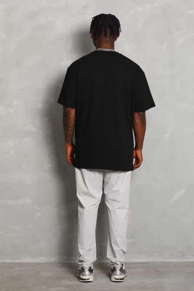 Unisex Oversize Düz Bisiklet Yaka T-Shirt - Siyah
