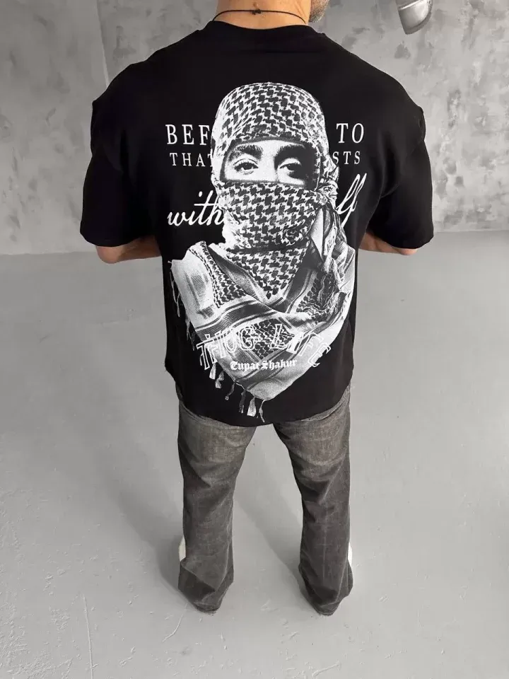 Unisex Baskılı Oversize T-Shirt - Siyah