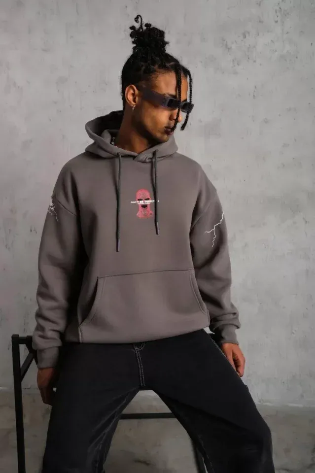 Erkek Maske Baskılı Kapüşonlu Sweat - Gri