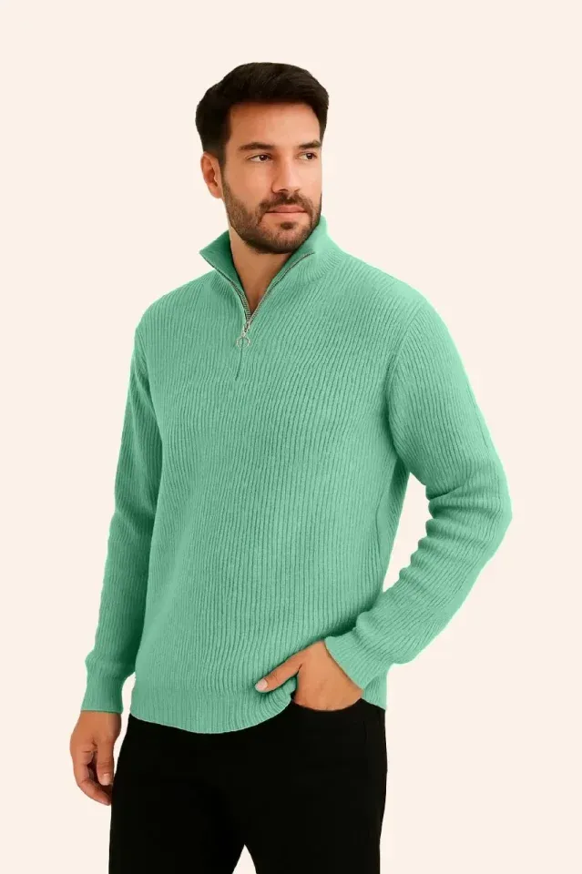 Erkek Fitilli Triko Kazak 2’li Set –  Mint Yeşili - Siyah, Kalın Dokuma Pamuklu Regular Fit V Yaka Fermuarlı Uzun Kollu Rahat Kışlık Kazak Kombini