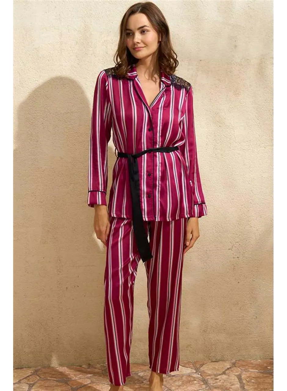 Kadın Saten Çizgili Düğmeli Uzun Kol Dantelli Gömlek ve Pantolon Pijama Takım (9765)