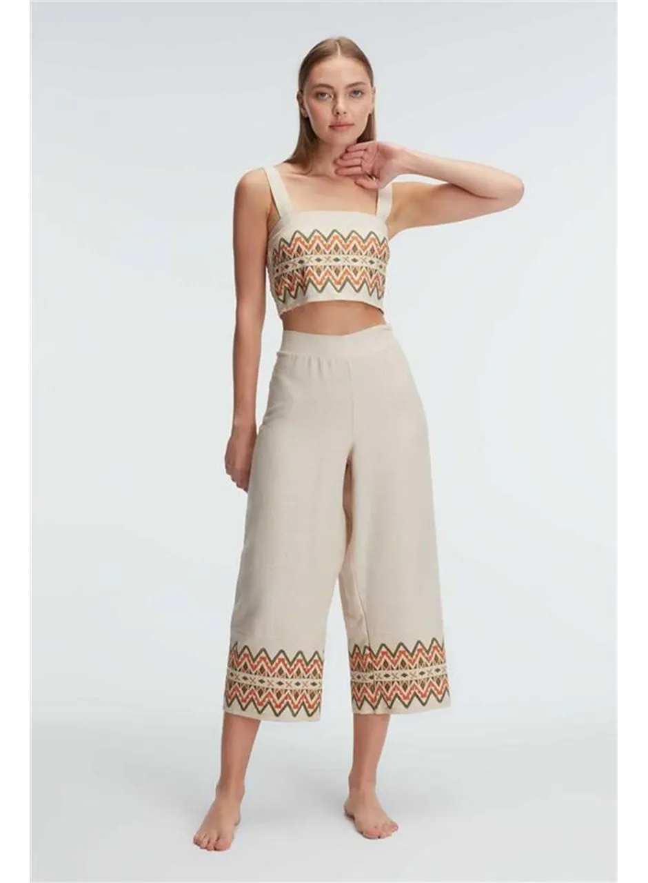 Kalın Askılı Oyuk U Yaka Kadın Geometrik Yazlık Uzun Nakış Detaylı Pijama Takımı Anıl 9822