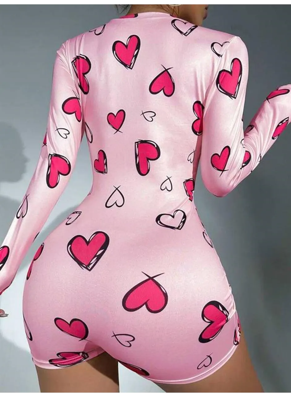 Pamuklu Pembe Kalp Desenli Düğmeli Uzun Kol Tulum Pijama