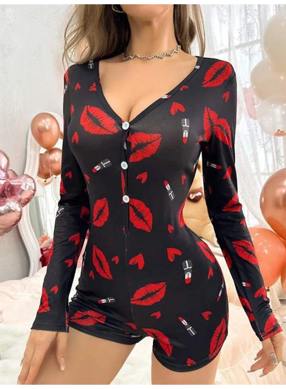 Pamuklu Kırmızı Ruj ve Öpücük Desenli Düğmeli Uzun Kol Tulum Pijama