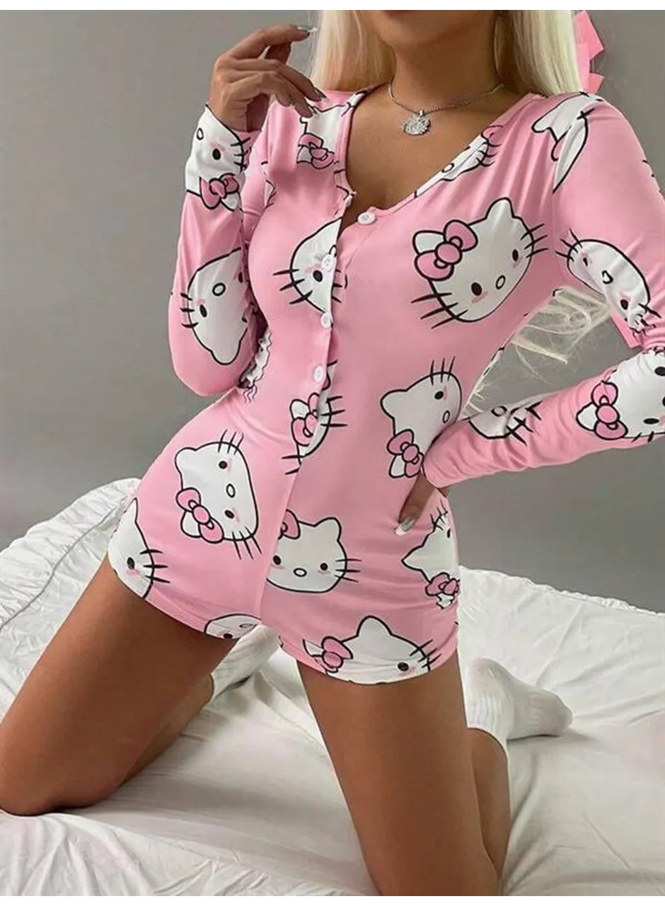 Pamuklu Pembe Hello Kitty Desenli Düğmeli Uzun Kol Tulum Pijama