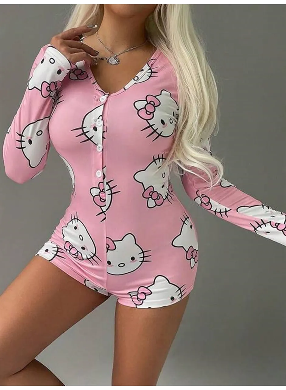 Pamuklu Pembe Hello Kitty Desenli Düğmeli Uzun Kol Tulum Pijama