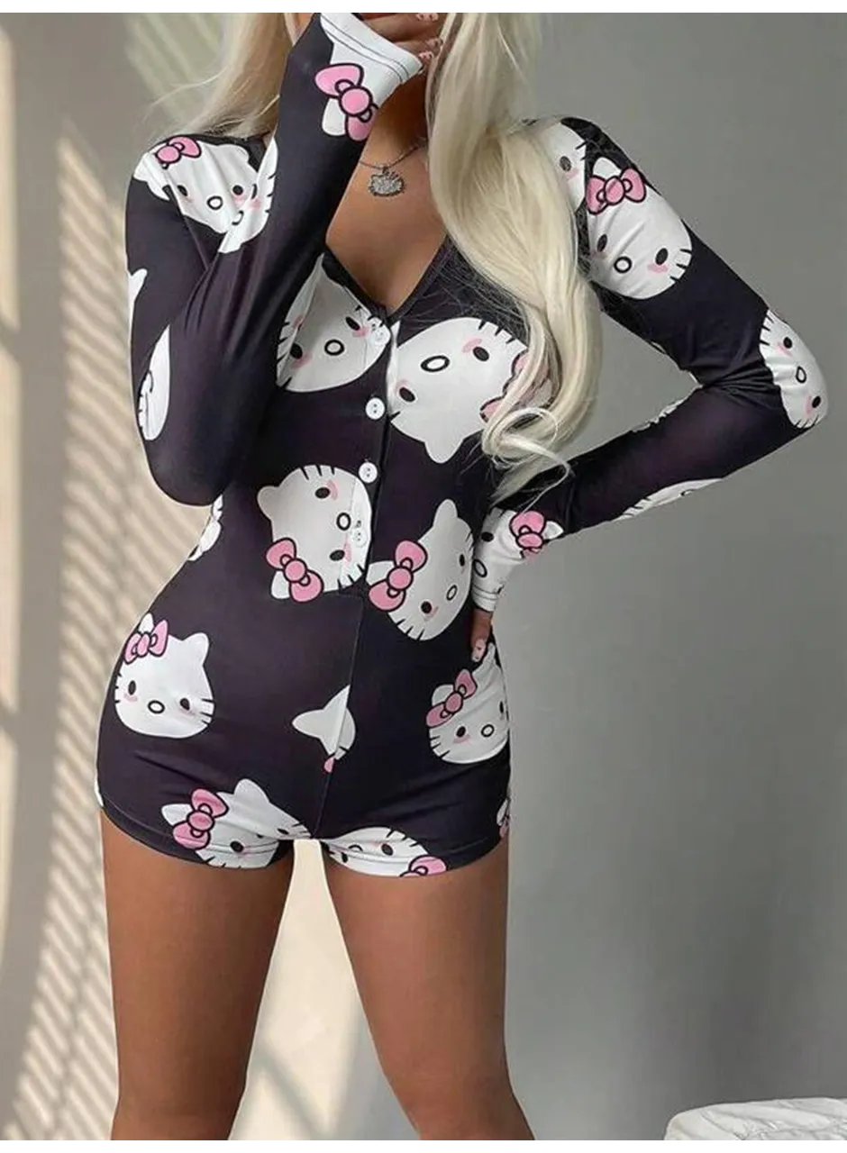 Pamuklu Siyah Hello Kitty Desenli Düğmeli Uzun Kol Tulum Pijama