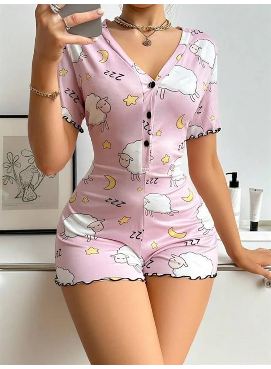 Pamuklu Pembe Kuzu Desenli Düğmeli Uzun Kol Tulum Pijama