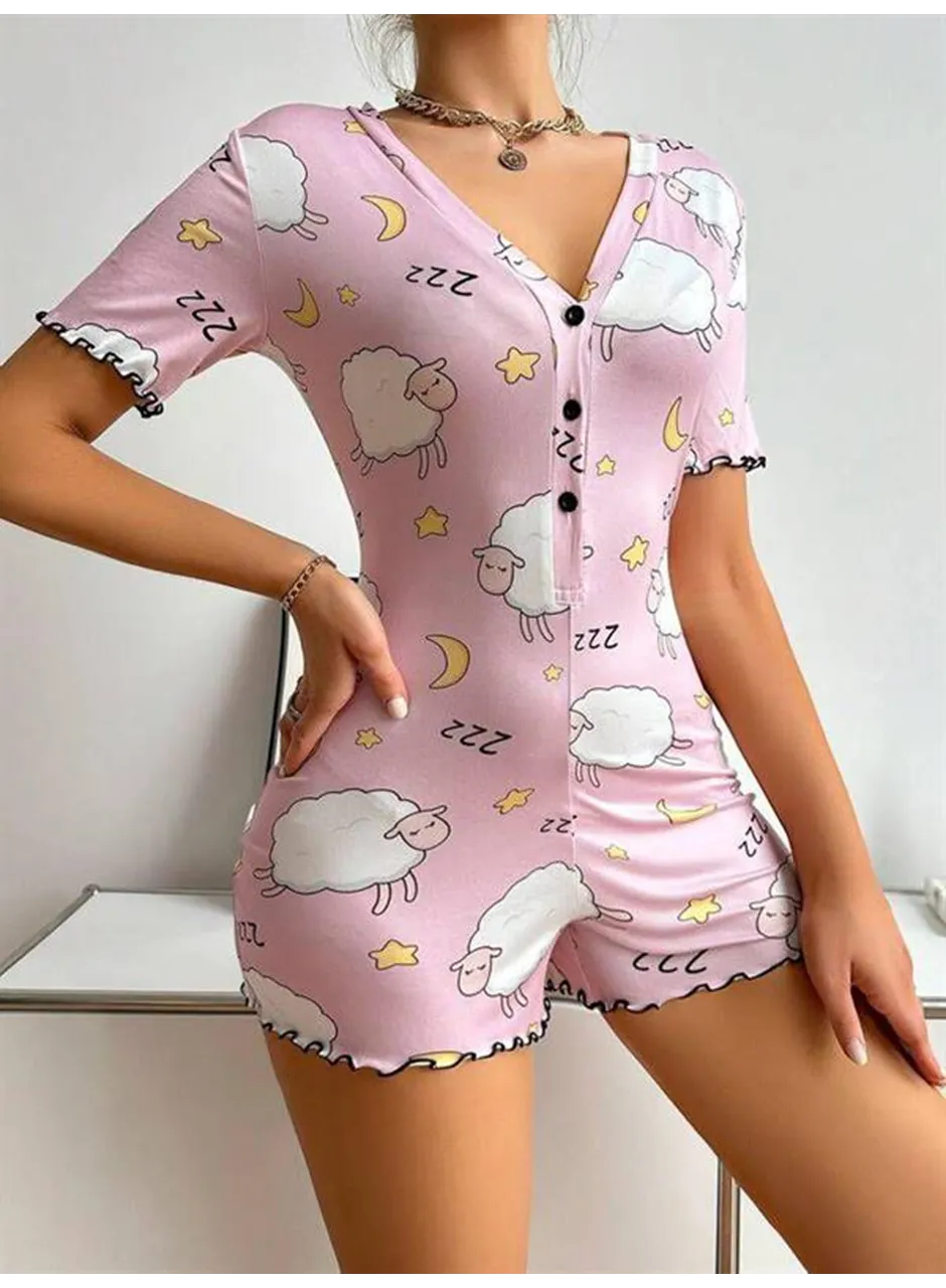 Pamuklu Pembe Kuzu Desenli Düğmeli Uzun Kol Tulum Pijama