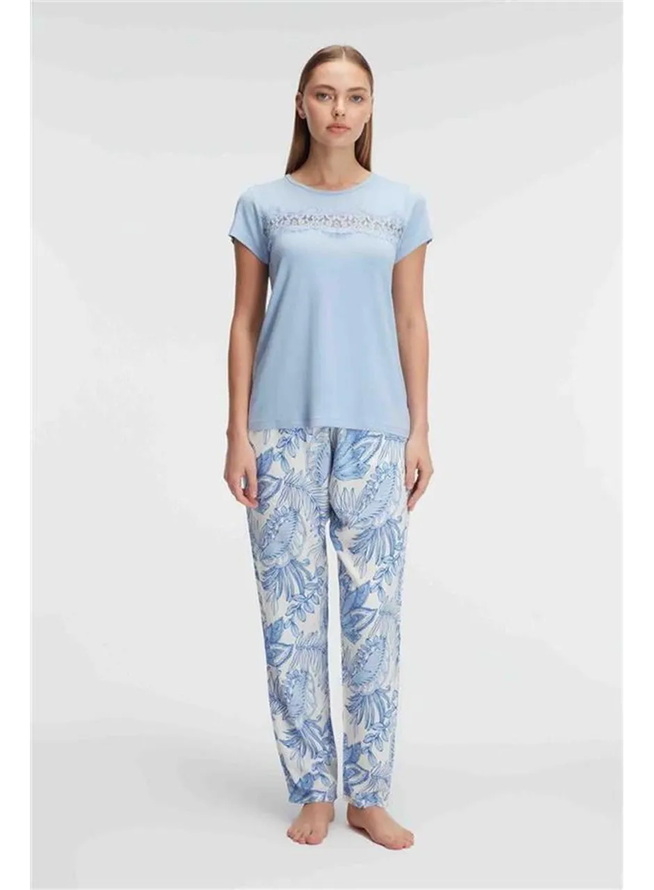 Anıl 9885 Kısa Kol Bisiklet Yaka Kadın Viskon Çiçek Desenli Yazlık ÖRME Dantel Detaylı Pijama Takımı
