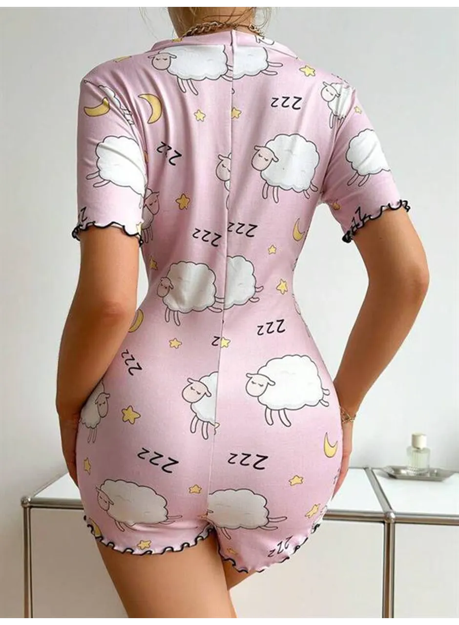 Pamuklu Pembe Kuzu Desenli Düğmeli Uzun Kol Tulum Pijama