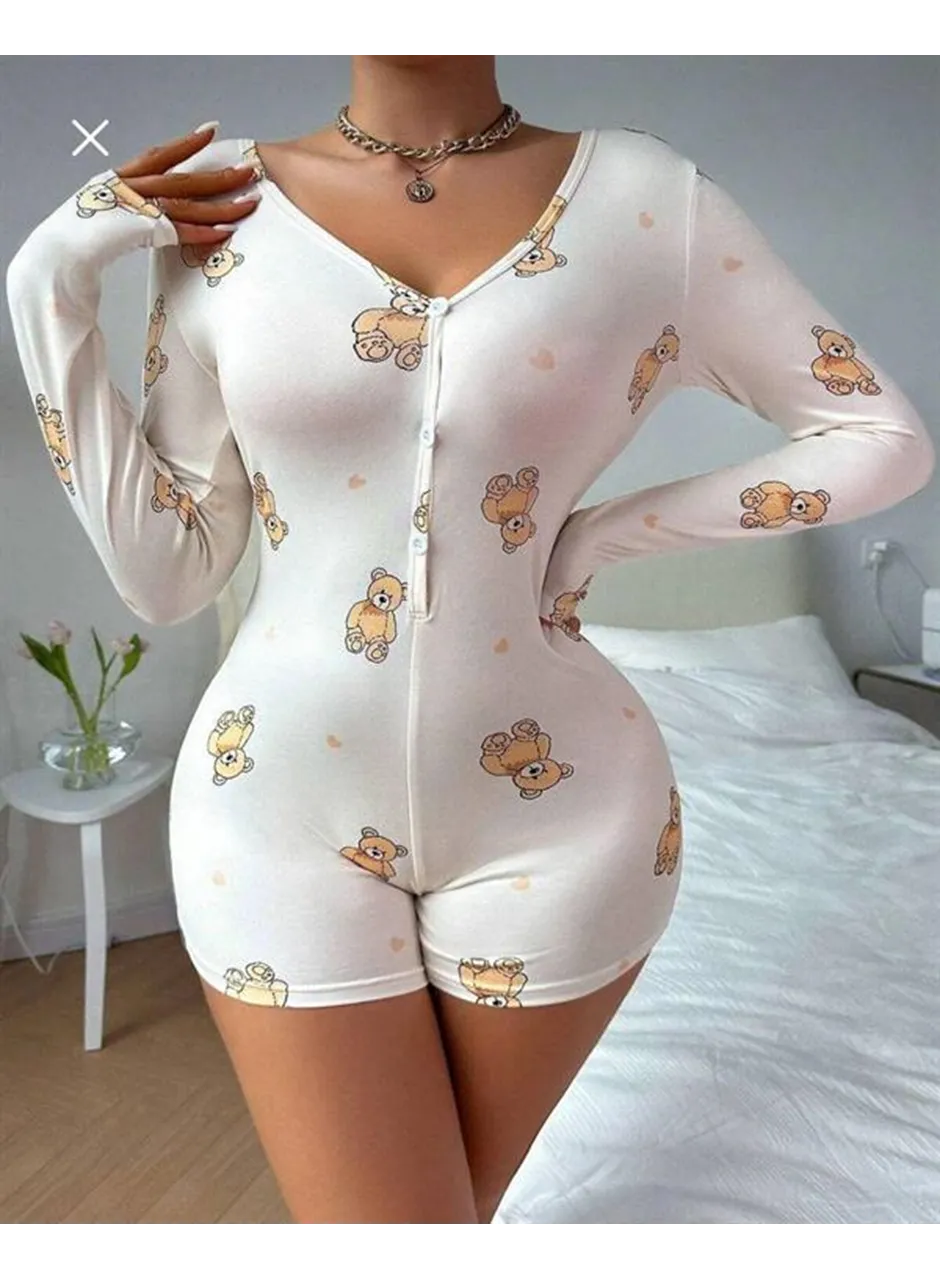 Pamuklu Beyaz Ayıcık Desenli Düğmeli Uzun Kol Tulum Pijama